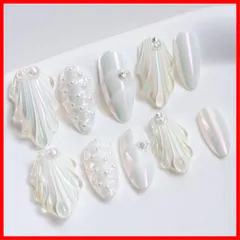 【再入荷】デザイン 可愛い おしゃれ 付け爪 3D 人気 キラキラ パール 10枚入 シェル 人魚の鱗 つけ爪 (#30 アーモンド ロング ミディアム ネイルチップ 白・S) 手作り Nails Sun&Beam