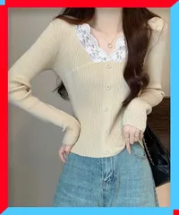 新品 ニットトップス レディース Vネック レース切替え ニットプルオーバー ファッション 長袖 着回し 【送料無料】