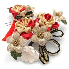 髪飾り ２点セット 赤 金 つまみ細工 タッセル 梅  成人式 花 和風 浴衣 着物 振袖 袴 ドレス 七五三 子供 結婚式 卒業式 入学式 ヘアコーム 髪留め ヘアアクセサリー 大きめ 日本製 送料無料 アカ W 78 324-220 u953　Si