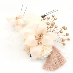 髪飾り ３点セット 京都 西陣 和小物 京あそび 成人式 花 白 チュール パール 和風 浴衣 着物 振袖 袴 七五三 子供 キッズ ヘアアクセサリー コーム 髪留め 結婚式お呼ばれ 大きめ 日本製 送料無料 W 93 CM-4-811 w701　Si