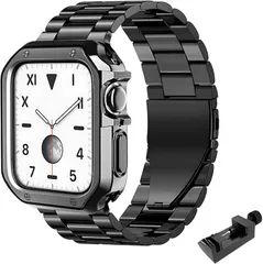 adzu 互換品Apple Watch互換品 ステンレス バンド 保護ケース付き アップルウォッチ用 メタル 腕時計 ベルト SE2 Ultra(ブラック,  49mm)
