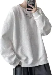 X-cross クロス ゆったり トレーナー メンズ ワッフル 大きいサイズ おしゃれ クルーネック 長袖 無地 ビッグシルエット 薄手 アメカジ アウトドア カジュアル プルオーバー オーバーサイズ ストリート ファッション(ホワイト,  L)