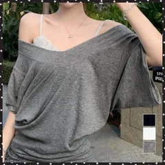 VネックTシャツ レースキャミソール単品 ドルマンスリーブtシャツ半袖 オフショルダーTシャツ 半袖無地t 薄手トップス インナーキャミソール 2タイプ選べる夏服 オフショルトップス カットソーゆったり 韓国風t体型カバー