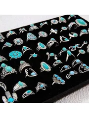 リング レディース セット ファッション模造ターコイズ 20個セット レディース アンティークシルバーリング ボヘミアン レトロ マルチエレメント フラワー デイリー バースデー バケーション デート パーティー