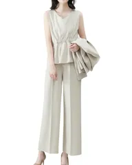 【在庫処分】イノ セットアップ 3点セット レディース パンツスーツ [Yino] ジャケット＋ブラウス+ワイドパンツ 体型カバー 洗える スーツ 着せ おしゃれ 女性らしい ママ 通勤 入学式 卒業式 面接