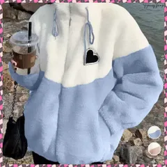 送料無料 スタンドカラーボアジャケット バイカラー ボアブルゾン レディース ジップアップ ボアカーディガン 暖かい 秋冬服 ハートフリースアウター カジュアル おしゃれ 韓国風トップス防寒 立ち襟 羽織り配色 体型カバーゆったり