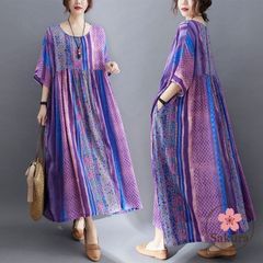 ロングワンピース 夏 未使用 マキシワンピース エスニックワンピース コットンリネン 綿麻 花柄 リゾートワンピース ワンピ 五分袖 半袖 大