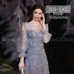 イブニングドレス ブルー 青 スパンコール 長袖 パーティードレス ナイトドレス 大きいサイズ 謝恩会ドレス 結婚式 XS S M L XL LL 2XL XXL 3XL XXXL 姫系 発表会 プリンセス ガーリー 紐タイプ 豪華 パーティー ラメ
