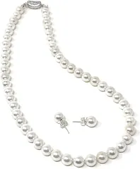 K&R パールネックレス 8mm珠 日本製 冠婚葬祭 結婚式 カジュアル 2点セット( 真珠色,  45Cm イヤリング)