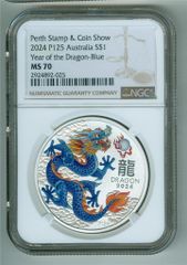 ATRALIA 2024 $ OF THE DRAGON-BLUE PERTH STAMP  COIN SHOW NGC MS-70