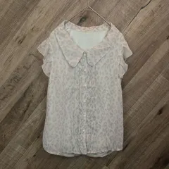 M1-01395 【Women】INGNI(イング) ノースリーブ シフォンブラウス (S相当) / 白×薄茶色 ヒョウ柄 襟、後ろの紐が片方取れている