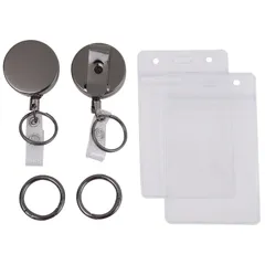 ルボナリエ ピンオンリール 吊り下げ名札用リール カラビナ クリップ式 伸縮キーホルダー リールキーホルダー リールストラップ IDカードケース付き 2個 セット (ブラック) [ブラック]