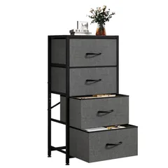 Color:ブラック チェスト タンス 収納チェスト スチールフレーム 布製引き出し 木製天板 ランドリーチェスト サイド リビング収納 スリム 洋服 衣類小物収納 組立簡単 大容量 4段 ブラック