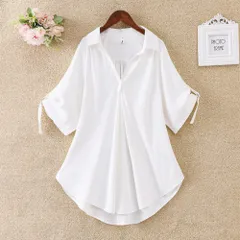 ☆ ホワイト ☆ Lサイズ ☆ ブラウス レディース 春夏 ggblouse08 ブラウス レディース 半袖 シャツ チュニック スキッパーシャツ ロールアップ スキッパー 無地 ゆったり きれいめ 春 夏 上品 カジュアル オフィス 大人 トップス