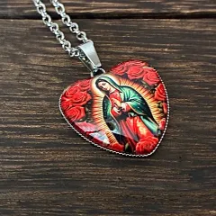 聖母グアダルーペのペンダント　ハート型・薔薇　シルバートーン