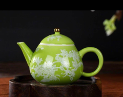 堆花の牡丹と鳥の茶壼☆箱付き高級茶器☆急须