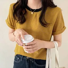 クルーネック ラウンドネック 細ボーダー Tシャツ 半袖 カットソー 袖折り返し レイヤード 重ね着 きれいめ シンプル カジュアル