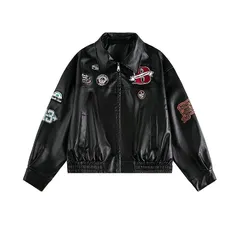 《新品未使用》ヴィンテージ風 ワッペン刺繍 PUレザー ジャケット メンズ ストリート系 ショート丈 ライダース カジュアルアウター（K）ブラック
