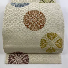袋帯 名品 丸紋 花唐草 唐織 クリーム 六通 正絹 【中古】