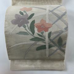 袋帯 秀品 夏帯 紗 桔梗 流水 箔 銀糸 クリーム お太鼓柄 正絹 【中古】