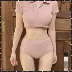 水着レディース ビキニ2点セット 韓国風可愛いタンキニ リブ編み水着 大人ガーリー セパレート水着 露出控えめ スイムウエア おしゃれビーチウェア 夏海リゾートかわいいママ水着 Vネック水着海水浴 ストレッチ 柔らか