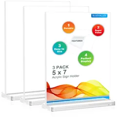 新品　写真カード立て 卓上 POP ディスプレイ 縦置き 透明 メニューホルダー レストラン 両面用 飲食店 T型サインスタンド オフィス用 クリアフォトフレーム - ポップスタンド 2L判(126x178mm) アクリル 3個セット BlueValley