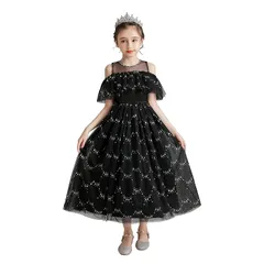 [Weileenice] 黒 女の子 ロング ドレス ブラック 130 ドレス 肩出し スパンコール 子供 発表会 結婚式 オフショルダー ドレス プリンセス フォーマル 135 キッズ 七五三 ドレス