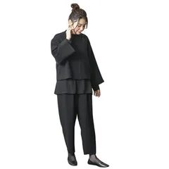 [ニッセン] ブラックフォーマル 【喪服・礼服】 日本製生地使用 洗える防しわナチュラルレイヤード3点セットスーツ（ノーカラージャケット＋ロング丈ブラウス＋ゆるテーパードパンツ） 大きいサイズ有 〔Neina〕 黒 M
