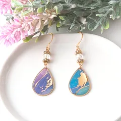 No.736　レジン　アルコールインクアート　青色系　しずく形　ピアス　イヤリング　ハンドメイド