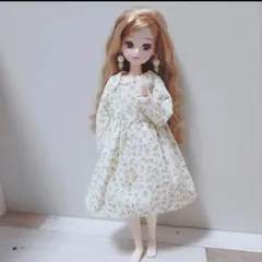 【62】花柄 黄色 長袖ワンピース リカちゃん ハンドメイド リアクロ