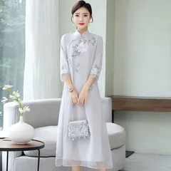 ワンピース レディース ロング丈 チャイナ風ワンピース チャイナドレス チャイナ服 ドレスワンピース 花柄 フレアワンピース Aライン 着痩せ ゆったり 結婚式