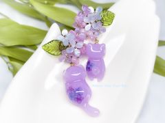 紫陽花追っかけねこのピアス　パープル×ピンク×ブルー