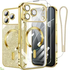 iPhone 17 Pro Max 用 ケース クリア MagSafe対応 マグネット搭載 2枚 HDフィルム付き キラキラ グリッターカード ストラップ付き アイフォン 17 プロ マックス カバー マグセーフ対応 薄型 軽量 レンズ保護 全面保護