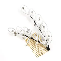 髪飾り コーム型 ラインストーン パール シルバー 白 下がり ゆらゆら キラキラ リーフ 葉 小さい かんざし かわいい 粋 日本 No.9-3419