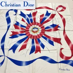 ■美品■Christian Dior クリスチャンディオール　大判スカーフ　88cm×87cmリボン総柄　シルク100%  フランス製　アイボリー×ブルー×レッド×イエロー　レディース　紙ケース付き