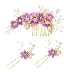 【数量限定】ブライダル コーム Uピンフラワー 花嫁 花モチーフ ヘアピン かんざし 3点セット 和装にも ヘッドアクセサリー 結婚式 髪飾り 披露宴 二次会 卒業式 ウェディング 入学式 パーティー ダンス ヘッドドレス 和装 撮影 (紫)