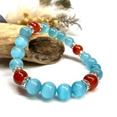 キャッツアイ(ライトブルー)×赤瑪瑙 パワーストーン ブレスレット  (シルバー) メンズ・レディース　男性・女性　数珠ブレス 開運 [23]