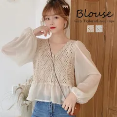 トップス Vネックブラウス シャツ 長袖 ボリューム袖 シフォン レース 透け感