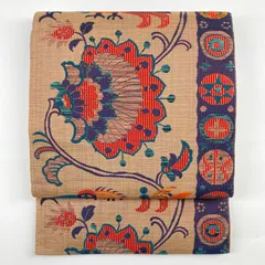 たんす屋 TANSU-YA 中古 リユース帯 袋帯 薄茶色 青紫色 カジュアル 織り 花鳥 オリエンタル柄 六通 未洗い MS2164