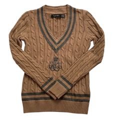 Ralph Lauren ラルフローレン ニットセーター 茶 グレー Ｖネック 刺繍 レディース XSサイズ