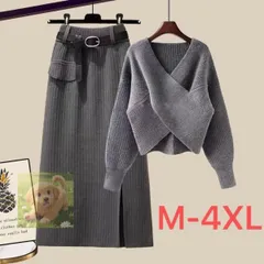 レディース セットアップ セーター+スカート 2点セット ニットスカート 春 秋 冬 長袖 ゆったり Vネック かわいい LSFA056(4色M-4XL)