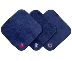 新品 今治タオル×スマイリッシュ ネイビーミニタオルハンカチガールズ3枚セット・名入れスペース付(りんご&くま&フラワーハート)