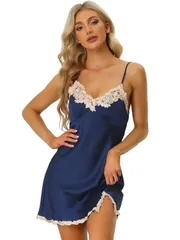 Allegra K パジャマ サテン レース スリップ キャミソール ワンピース ベビードール ナイトウェア インナー Vネック レディース ネイビーブルー L