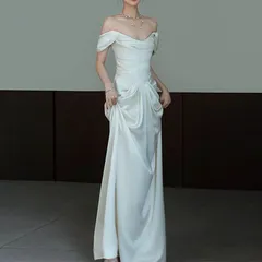 【新品 未使用】2026新作 ウエディングドレス ロングドレス 二次会 タイトドレス 花嫁 パーティドレス 結婚式 ウェディグドレス 白ワンピース リゾートウエディング 前撮り オフショルダー 韓国風 シンプル 