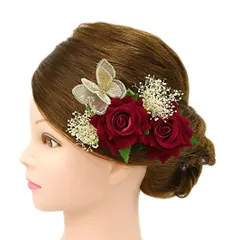 髪飾り 成人式 赤 振袖 前撮り 袴 ドレス 袴 3点セット 薔薇 バラ カスミソウ ワインレッド ゴールド 白 ベロア 蝶 ちょうちょ No.9-4995