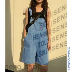 五分丈 ショートパンツ レディース デニムサロペットパンツ オールインワン オーバーオール ストレート ゆったり ジーンズ ボトムス カジュアル 体型カバー 春夏#cupload64697