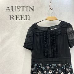 未使用 AUSTIN REED オースチンリード 1543-11102 切り替えし ギャザー シフォン 半袖 ワンピース 花柄 刺繍 40 ブラック グリーン レディース