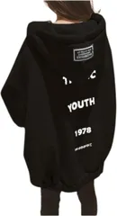 Dep Club トレンドゆる感 ジップパーカー レディース 裏起毛 オーバーサイズ アウター ビッグシルエット トップス おしゃれ ゆったり 上着 b系 厚手 長袖 韓国 秋冬(ブラック,  XL)