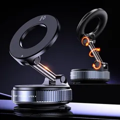 C520 X68 Vacuum Suction MagSafe対応 手動 吸盤 真空吸着式 車載ホルダースマホスタンド 360°回転 折りたたみ式 マグネット ホルダー 角度調整可能 iPhone スマホホルダー ウォールスタンド キッチン (ブラック) 0