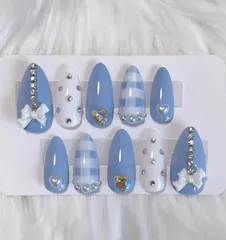 ネイルチップ ブルー ホワイト キラキラ チェック柄 ガーリー